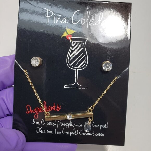 Women's Piña Colada Bead Charm Bar Necklace With matching Crystal Stud Earrings - Picture 5 of 5